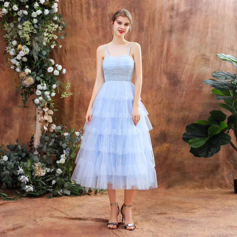 Chic Beautiful Sky Blue Homecoming Graduation Dresses 2020 A Line Princess  Spaghetti Straps Sleeveless Beading Spotted Tulle Tea Length Cascading  Ruffles Backless Formal Dresses