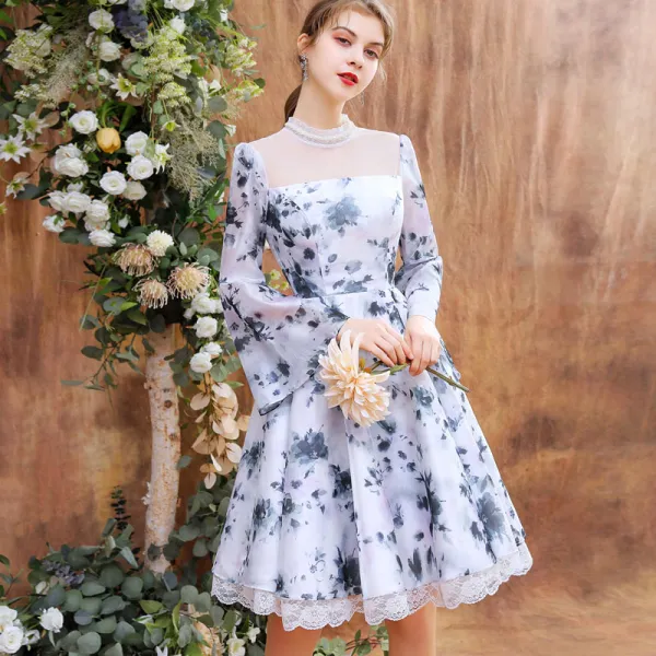 Elegant White Organza Floral Homecoming Graduation Dresses 2020 A-Line / Princess See-through High Neck Beading Pearl Bell sleeves Short Formal Dresses