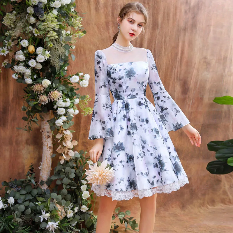 Elegant White Organza Floral Homecoming Graduation Dresses 2020 A Line  Princess See Through High Neck Beading Pearl Bell Sleeves Short Formal  Dresses