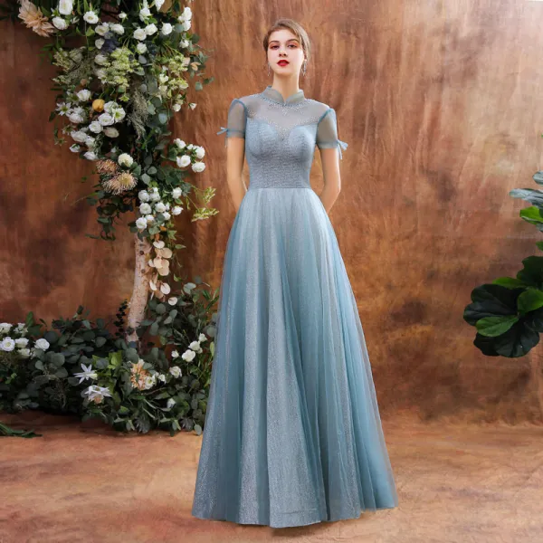 Charming Ocean Blue Prom Dresses 2020 A-Line / Princess See-through High Neck Short Sleeve Beading Glitter Tulle Floor-Length / Long Backless Formal Dresses