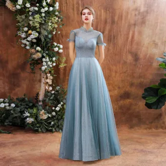 Charmant Océan Bleu Robe De Bal 2020 Princesse Transparentes Col Haut Manches Courtes Perlage Glitter Tulle Longue Dos Nu Robe De Ceremonie