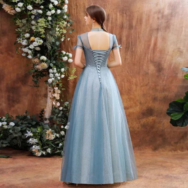 Charming Ocean Blue Prom Dresses 2020 A-Line / Princess See-through High Neck Short Sleeve Beading Glitter Tulle Floor-Length / Long Backless Formal Dresses