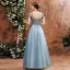 Charming Ocean Blue Prom Dresses 2020 A-Line / Princess See-through High Neck Short Sleeve Beading Glitter Tulle Floor-Length / Long Backless Formal Dresses
