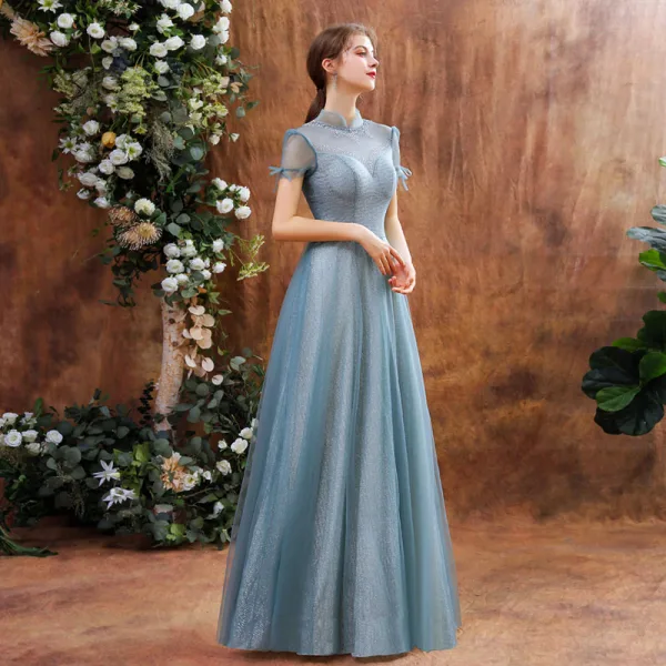 Charming Ocean Blue Prom Dresses 2020 A-Line / Princess See-through High  Neck Short Sleeve Beading