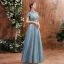 Charming Ocean Blue Prom Dresses 2020 A-Line / Princess See-through High Neck Short Sleeve Beading Glitter Tulle Floor-Length / Long Backless Formal Dresses