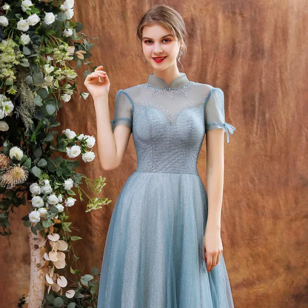 Charming Ocean Blue Prom Dresses 2020 A-Line / Princess See-through High Neck Short Sleeve Beading Glitter Tulle Floor-Length / Long Backless Formal Dresses