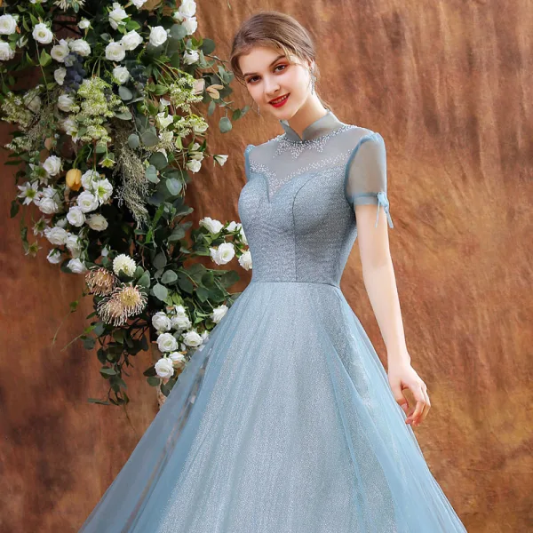 Charming Ocean Blue Prom Dresses 2020 A-Line / Princess See-through High Neck Short Sleeve Beading Glitter Tulle Floor-Length / Long Backless Formal Dresses