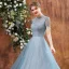 Charming Ocean Blue Prom Dresses 2020 A-Line / Princess See-through High Neck Short Sleeve Beading Glitter Tulle Floor-Length / Long Backless Formal Dresses