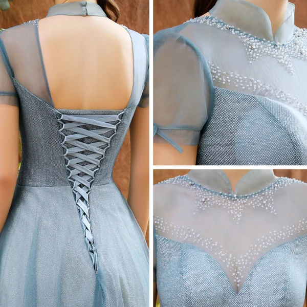 Charming Ocean Blue Prom Dresses 2020 A-Line / Princess See-through High Neck Short Sleeve Beading Glitter Tulle Floor-Length / Long Backless Formal Dresses
