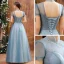 Charming Ocean Blue Prom Dresses 2020 A-Line / Princess See-through High Neck Short Sleeve Beading Glitter Tulle Floor-Length / Long Backless Formal Dresses