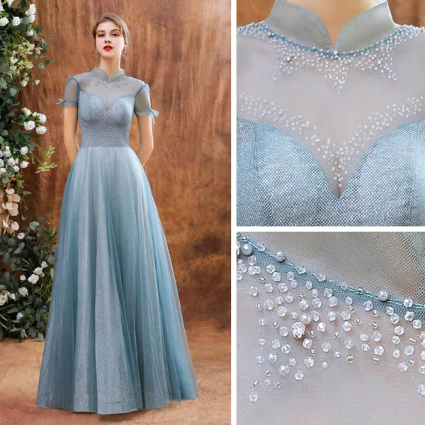 Charming Ocean Blue Prom Dresses 2020 A-Line / Princess See-through High Neck Short Sleeve Beading Glitter Tulle Floor-Length / Long Backless Formal Dresses