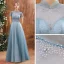 Charming Ocean Blue Prom Dresses 2020 A-Line / Princess See-through High Neck Short Sleeve Beading Glitter Tulle Floor-Length / Long Backless Formal Dresses