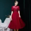 Vintage / Retro Burgundy Prom Dresses 2020 Ball Gown See-through High Neck Puffy Short Sleeve Beading Glitter Tulle Tea-length Ruffle Formal Dresses