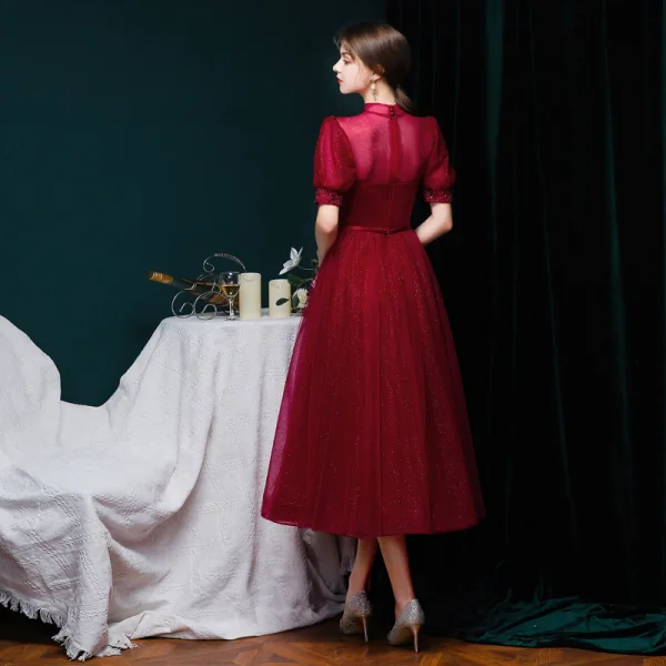 Vintage / Retro Burgundy Prom Dresses 2020 Ball Gown See-through High Neck Puffy Short Sleeve Beading Glitter Tulle Tea-length Ruffle Formal Dresses