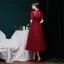 Vintage / Retro Burgundy Prom Dresses 2020 Ball Gown See-through High Neck Puffy Short Sleeve Beading Glitter Tulle Tea-length Ruffle Formal Dresses