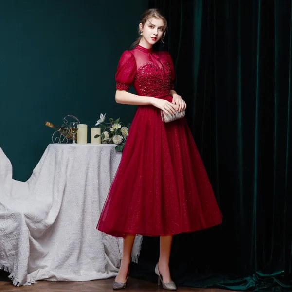 Vintage / Retro Burgundy Prom Dresses 2020 Ball Gown See-through High Neck Puffy Short Sleeve Beading Glitter Tulle Tea-length Ruffle Formal Dresses