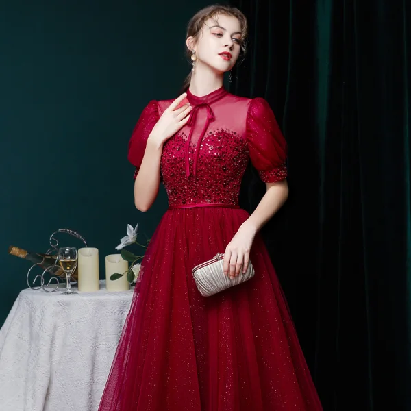 Vintage / Retro Burgundy Prom Dresses 2020 Ball Gown See-through High Neck Puffy Short Sleeve Beading Glitter Tulle Tea-length Ruffle Formal Dresses