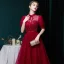 Vintage / Retro Burgundy Prom Dresses 2020 Ball Gown See-through High Neck Puffy Short Sleeve Beading Glitter Tulle Tea-length Ruffle Formal Dresses