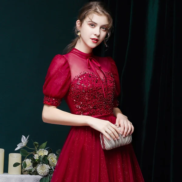 Vintage / Retro Burgundy Prom Dresses 2020 Ball Gown See-through High Neck Puffy Short Sleeve Beading Glitter Tulle Tea-length Ruffle Formal Dresses