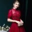 Vintage / Retro Burgundy Prom Dresses 2020 Ball Gown See-through High Neck Puffy Short Sleeve Beading Glitter Tulle Tea-length Ruffle Formal Dresses