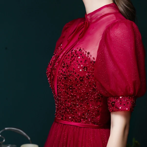 Vintage / Retro Burgundy Prom Dresses 2020 Ball Gown See-through High Neck Puffy Short Sleeve Beading Glitter Tulle Tea-length Ruffle Formal Dresses