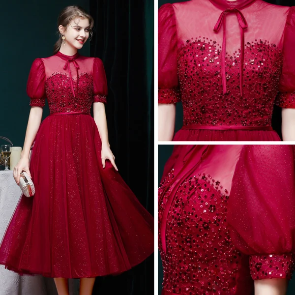 Vintage / Retro Burgundy Prom Dresses 2020 Ball Gown See-through High Neck Puffy Short Sleeve Beading Glitter Tulle Tea-length Ruffle Formal Dresses