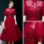 Vintage / Retro Burgundy Prom Dresses 2020 Ball Gown See-through High Neck Puffy Short Sleeve Beading Glitter Tulle Tea-length Ruffle Formal Dresses