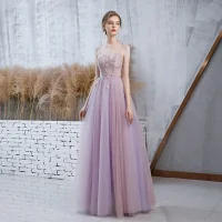 Elegantes Espliego Vestidos de gala Con Chal 2020 A-Line / Princess Spaghetti Straps Sin Mangas Rebordear Glitter Tul Largos Ruffle Sin Espalda Vestidos Formales