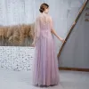 Elegant Lavender Prom Dresses With Shawl 2020 A-Line / Princess Spaghetti Straps Sleeveless Beading Glitter Tulle Floor-Length / Long Ruffle Backless Formal Dresses