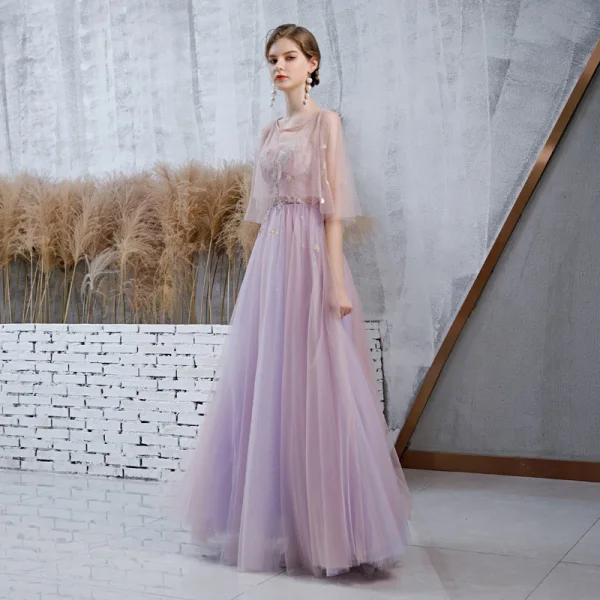 Elegant Lavender Prom Dresses With Shawl 2020 A-Line / Princess Spaghetti  Straps Sleeveless Beading Glitter Tulle