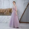 Elegant Lavender Prom Dresses With Shawl 2020 A-Line / Princess Spaghetti Straps Sleeveless Beading Glitter Tulle Floor-Length / Long Ruffle Backless Formal Dresses
