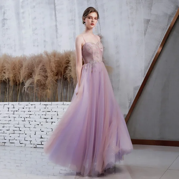 Elegant Lavender Prom Dresses With Shawl 2020 A-Line / Princess Spaghetti  Straps Sleeveless Beading Glitter Tulle