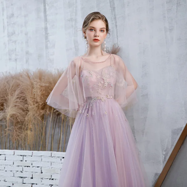 Élégant Lavande Robe De Bal Avec Châle 2020 Princesse Bretelles Spaghetti Sans Manches Perlage Glitter Tulle Longue Volants Dos Nu Robe De Ceremonie