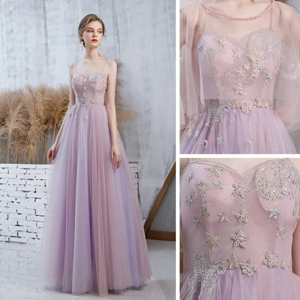Élégant Lavande Robe De Bal Avec Châle 2020 Princesse Bretelles Spaghetti Sans Manches Perlage Glitter Tulle Longue Volants Dos Nu Robe De Ceremonie