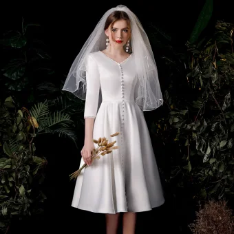 Vintage Retro Ivory Satin Bridal Wedding Dresses 2020 A Line Princess V Neck 3 4 Sleeve Backless Knee Length Ruffle