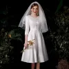 Vintage / Retro Ivory Satin Bridal Wedding Dresses 2020 A-Line / Princess V-Neck 3/4 Sleeve Backless Knee-Length Ruffle