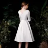 Vintage / Retro Ivory Satin Bridal Wedding Dresses 2020 A-Line / Princess V-Neck 3/4 Sleeve Backless Knee-Length Ruffle