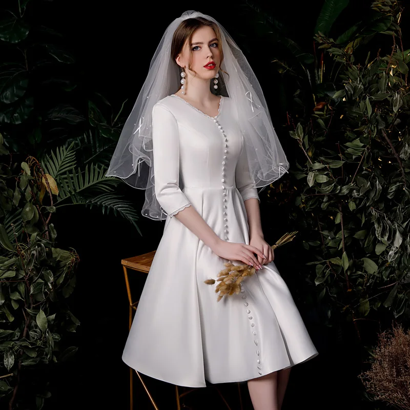 knee length dresses for ladies Elegant Bateau A Line Satin Knee-Length Wedding Dress, Champagne / 14