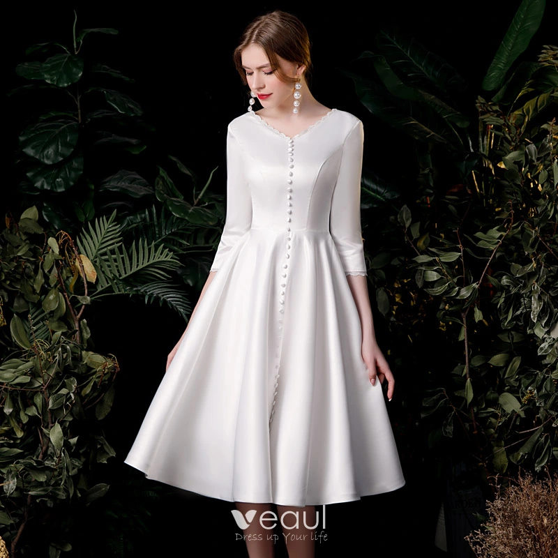 White A Line Vintage Knee Length 3/4 Sleeve Lace Wedding Dresses, MW248