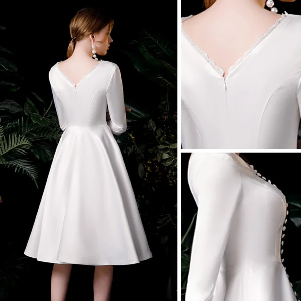 Vintage Elfenben Satin Brud Bröllopsklänningar 2020 Prinsessa V-Hals 3/4 ärm Halterneck Knälång Ruffle