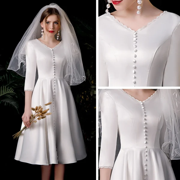 Vintage Elfenben Satin Brud Bröllopsklänningar 2020 Prinsessa V-Hals 3/4 ärm Halterneck Knälång Ruffle