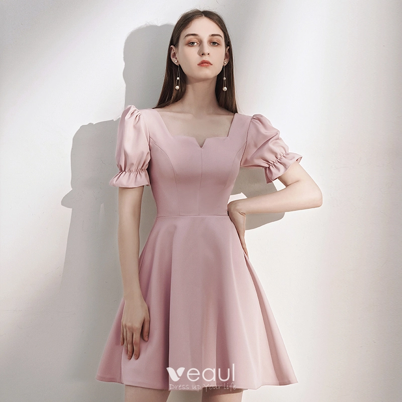 Pink Short Modest Dresses Modest Simple Blushing Pink Homecoming Graduation  Dresses 2020 A