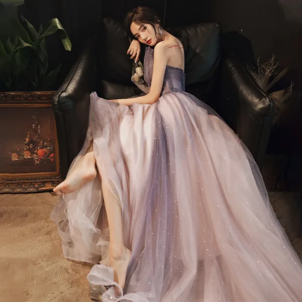 Elegant Lavendel Selskapskjoler 2020 Prinsesse Kjæreste Uten Ermer Beading Glitter Tyll Feie Tog Ryggløse Formelle Kjoler