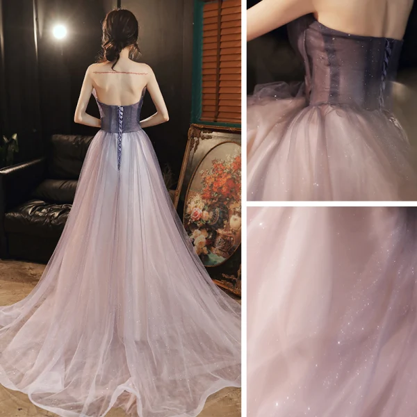 Elegant Lavendel Selskapskjoler 2020 Prinsesse Kjæreste Uten Ermer Beading Glitter Tyll Feie Tog Ryggløse Formelle Kjoler