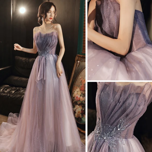 Elegant Lavendel Selskapskjoler 2020 Prinsesse Kjæreste Uten Ermer Beading Glitter Tyll Feie Tog Ryggløse Formelle Kjoler
