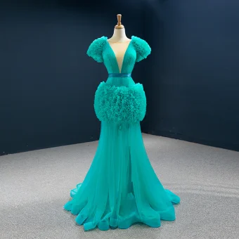 High End Jade Green Red Carpet Evening Dresses 2020 Trumpet Mermaid See Through Deep V Neck Short Sleeve Sash Sweep Train Ruffle Formal Dresses