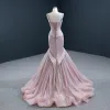 High-end Blushing Pink Red Carpet Evening Dresses  2020 Trumpet / Mermaid Shoulders Sleeveless Beading Sweep Train Ruffle Backless Formal Dresses