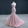 High-end Blushing Pink Red Carpet Evening Dresses  2020 Trumpet / Mermaid Shoulders Sleeveless Beading Sweep Train Ruffle Backless Formal Dresses