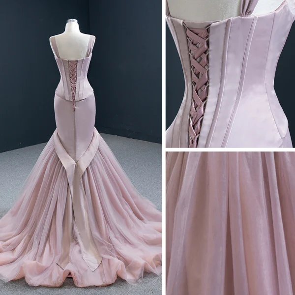 High End Rosa Roter Teppich Abendkleider 2020 Meerjungfrau Schultern Ärmellos Perlenstickerei Sweep / Pinsel Zug Rüschen Rückenfreies Festliche Kleider