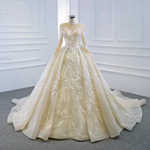 Luxury Gorgeous Champagne Bridal Wedding Dresses 2020 Ball Gown See Through Scoop Neck Long Sleeve Appliques Lace Sequins Beading Chapel Train Ruffle